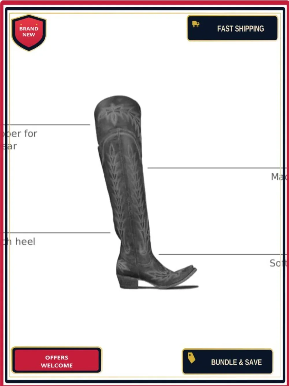 Over the Knee Cowboy Boots Women Embroidered Chunky Heel Side Zipper PU Leather